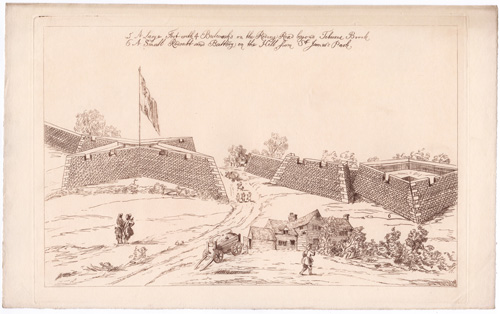 5. A Large Fort with 4 Bulwarks on the Revine Road beyond Tiburne Brook 6. A Small Redoubt and Battery on the Hill from St. James's Park 